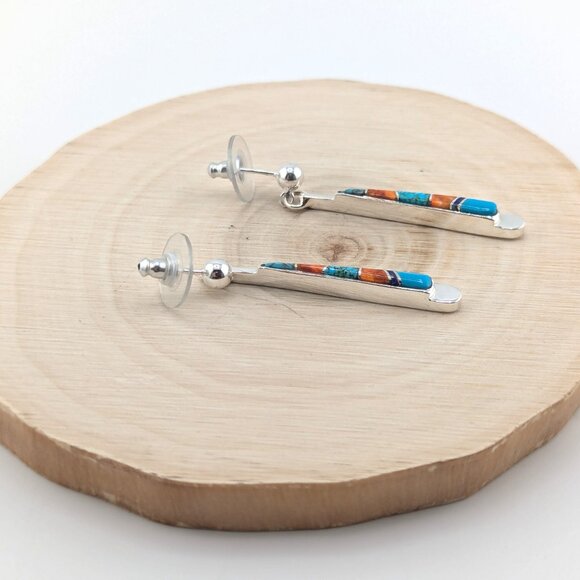 Handcrafted Navajo Sterling Silver Multi Stone Inlay Drop Earrings Jewelry ** - Picture 4 of 10